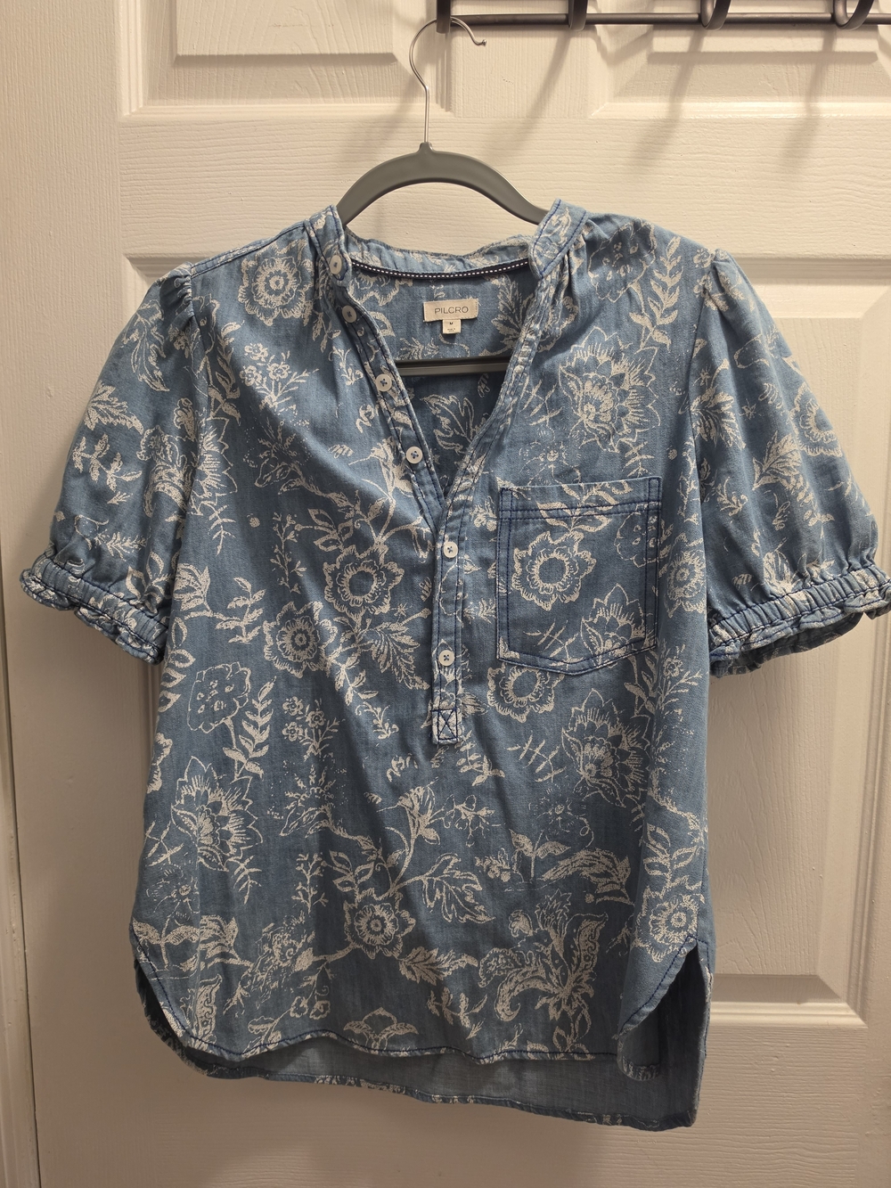 Pilcro Light Blue Floral Denim-Style Button Front Shirt